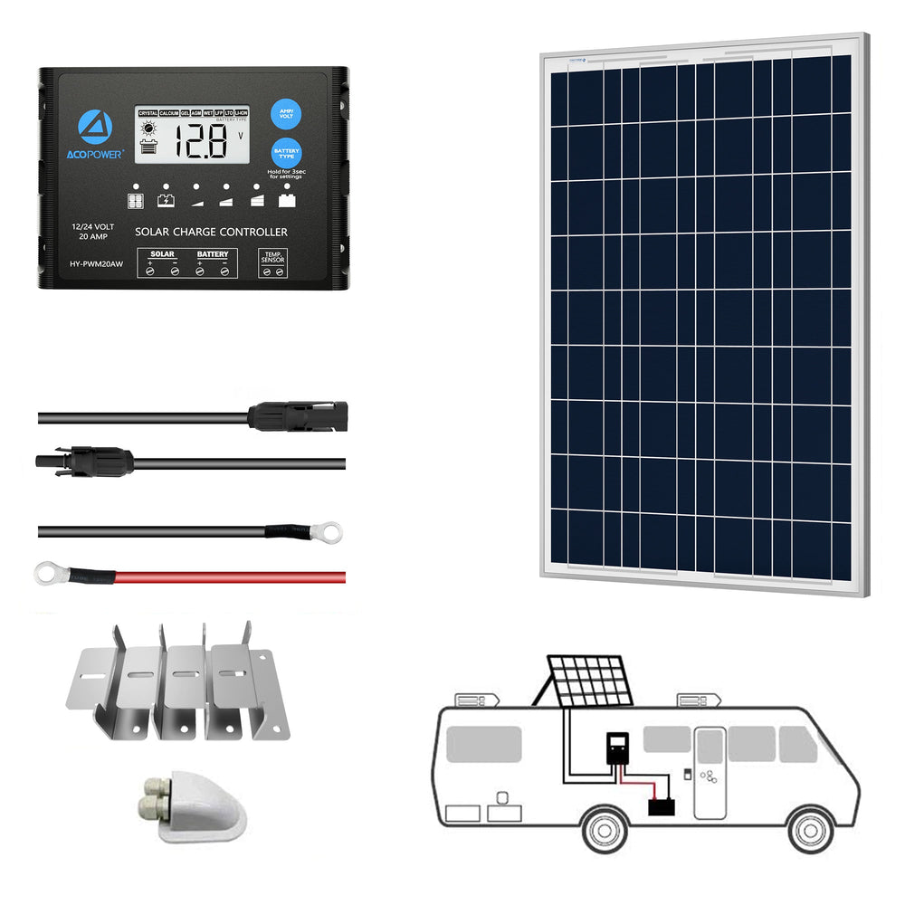 ACOPOWER 12V  Poly Solar RV Kits + MPPT / PWM Charge Controller