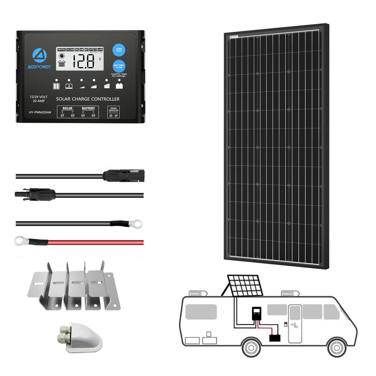 Solar Controller For Rv ACOPOWER 100W Mono Solar RV Kits + MPPT / PWM Charge Controller