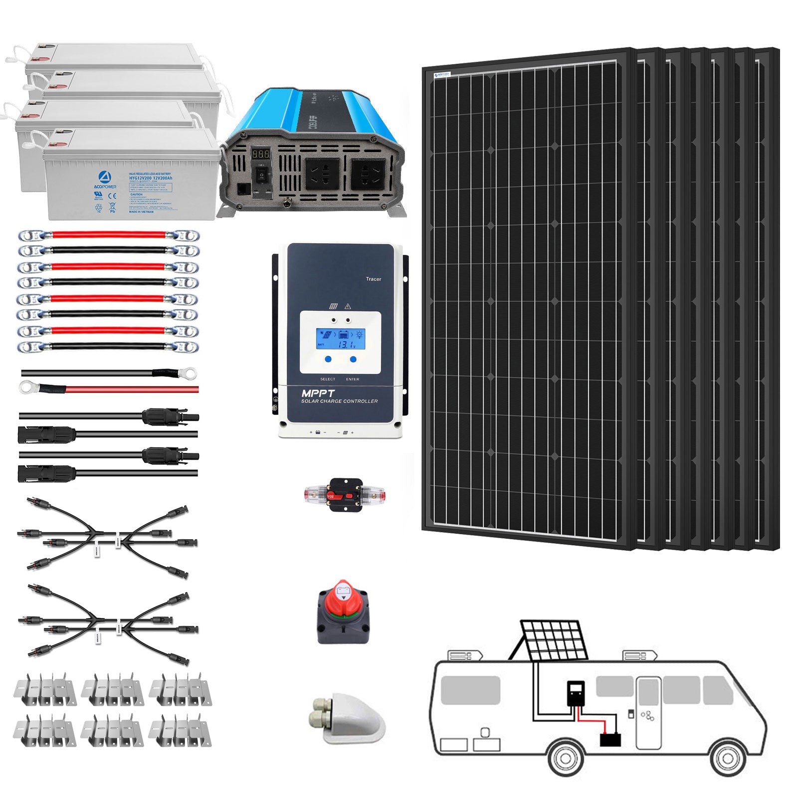 ACOPOWER Deep Cycle GEL Battery Mono Solar Power Complete System with Battery and Inverter for RV Boat 12V Off Grid Kit