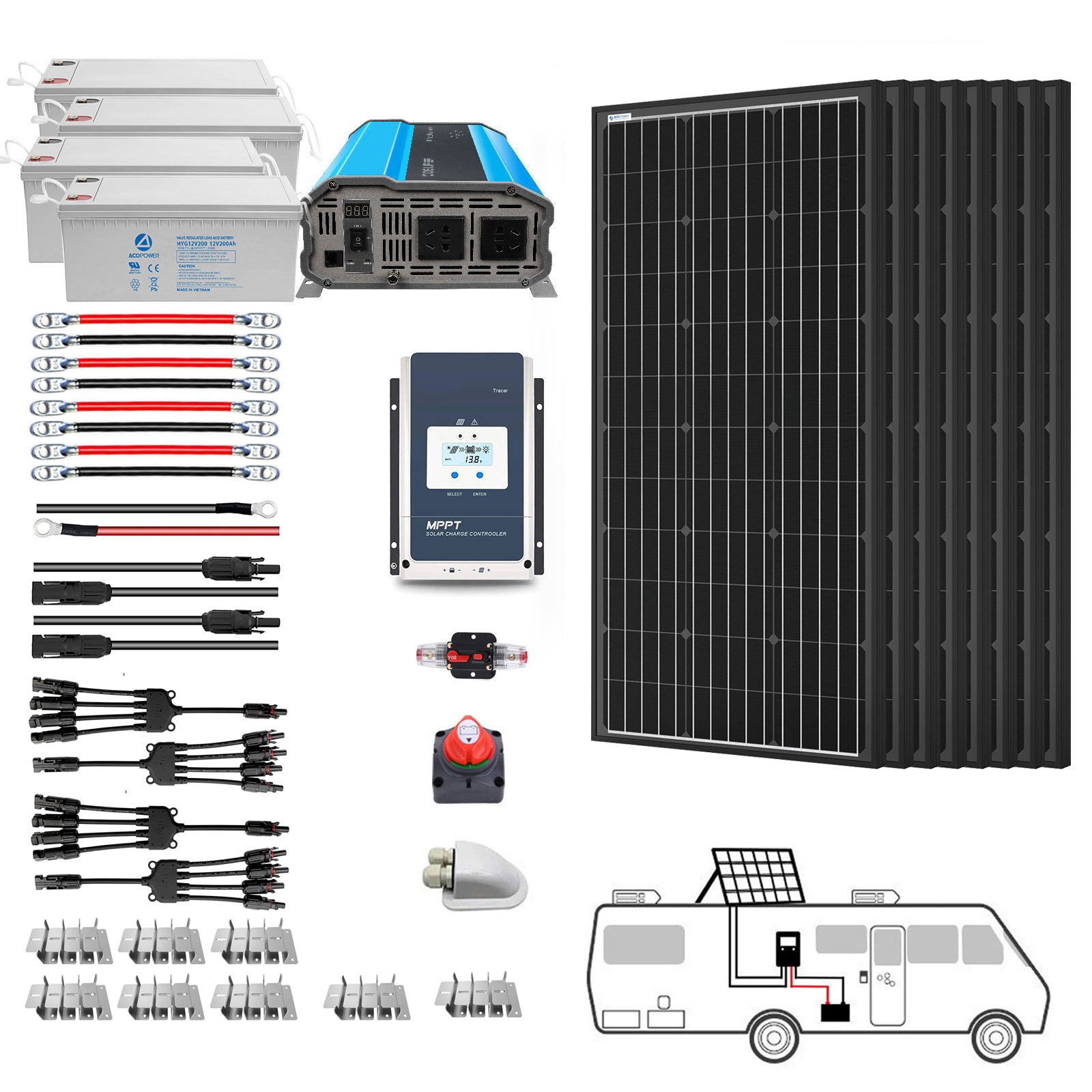 ACOPOWER Deep Cycle GEL Battery Mono Solar Power Complete System with Battery and Inverter for RV Boat 12V Off Grid Kit