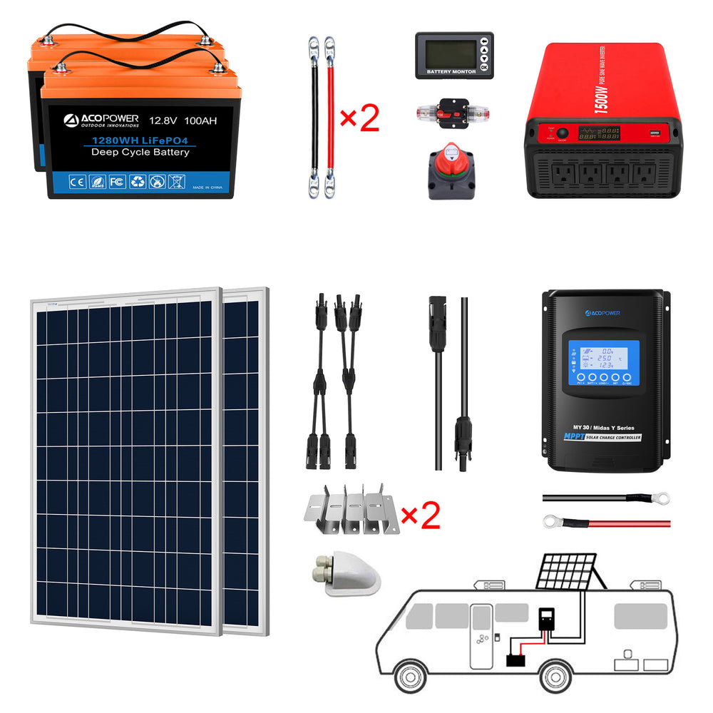 ACOPOWER Lithium Battery Polycrystalline Solar Power Complete System with Battery and Inverter for RV Boat 12V Off Grid Kit