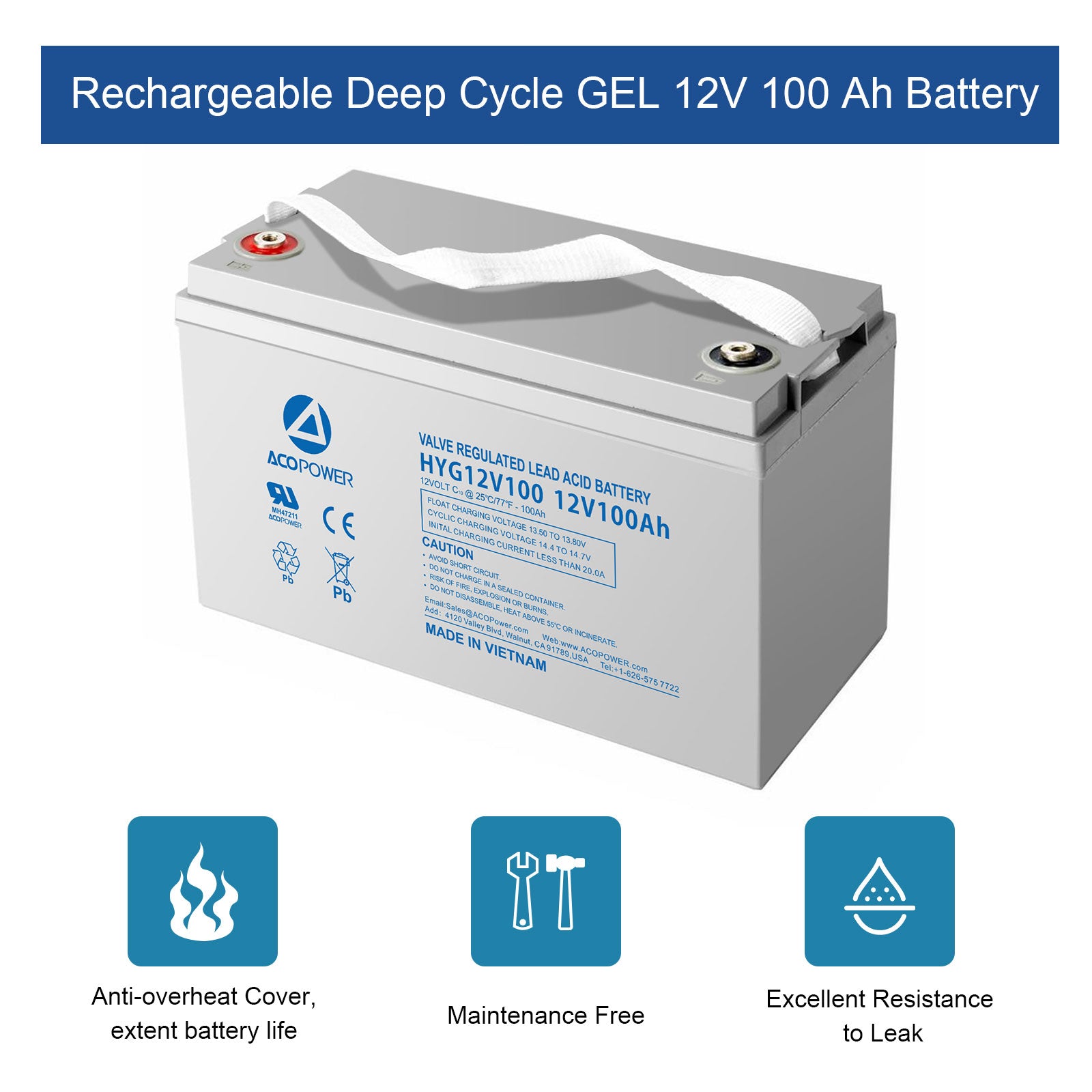 12-100Ah Rechargeable Gel Deep Cycle 12V 100 Ah Battery with Button Style Terminals