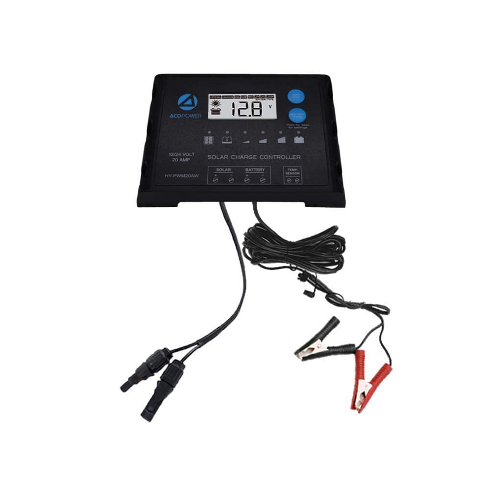 ACOPOWER 20A ProteusX Waterproof PWM Solar Charge Controller with Alligator Clips and solar panel connector