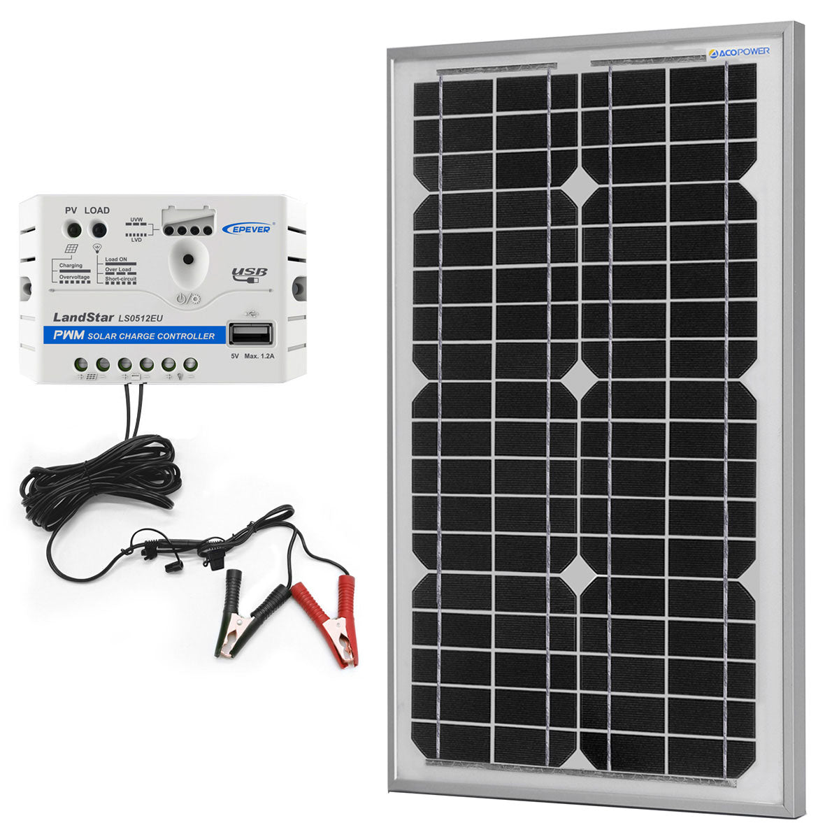 ACOPower 30W 12V Solar Charger Kit, 5A Charge Controller with Alligator Clips