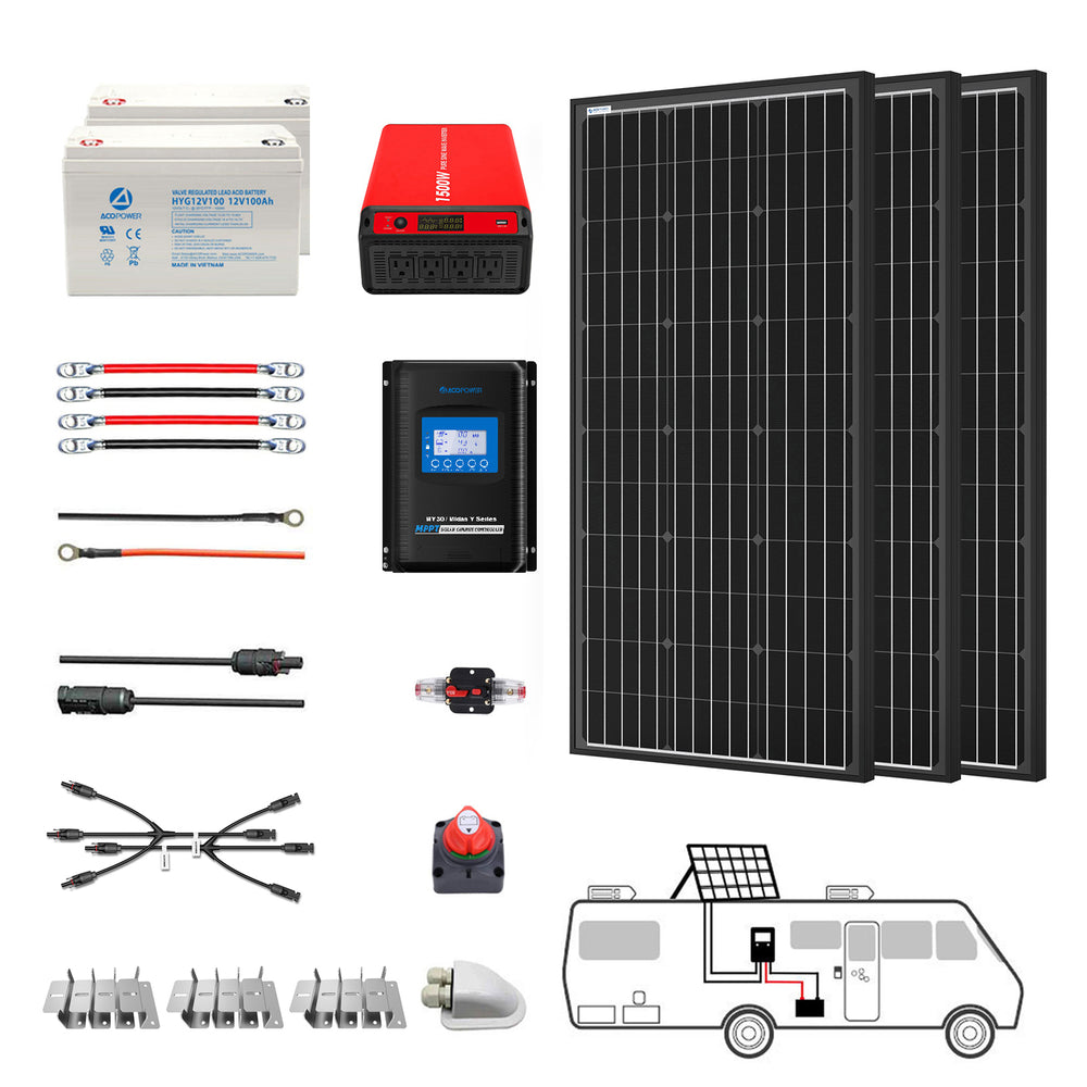 ACOPOWER Sistema solar de batería de litio: 2x100Ah baterías de litio  +1500W, inversor para barco RV 12V fuera de la red Kit solar completo