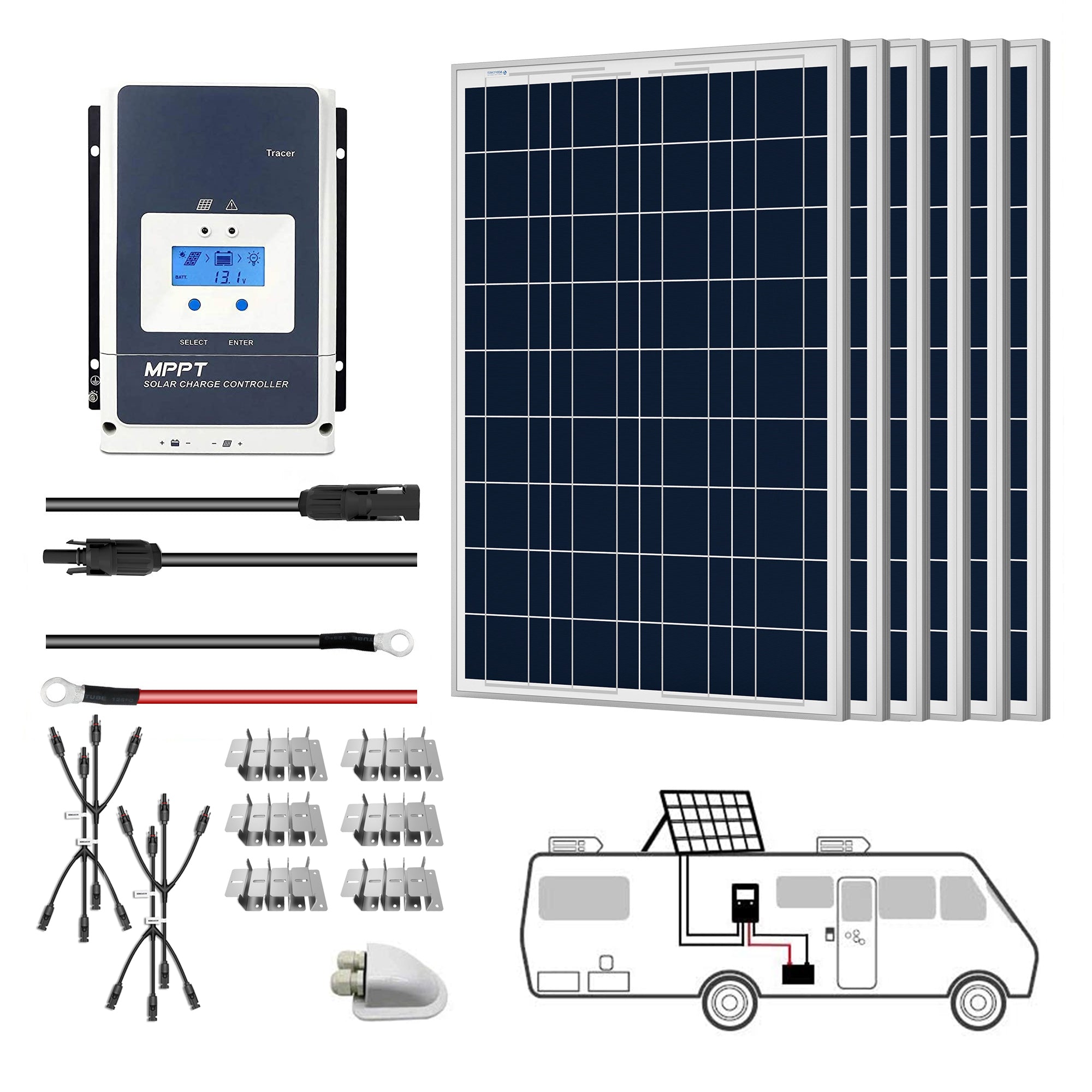ACOPOWER 600W 12V  Poly Solar RV Kits, 50A MPPT Charge Controller (6x100W 50A)