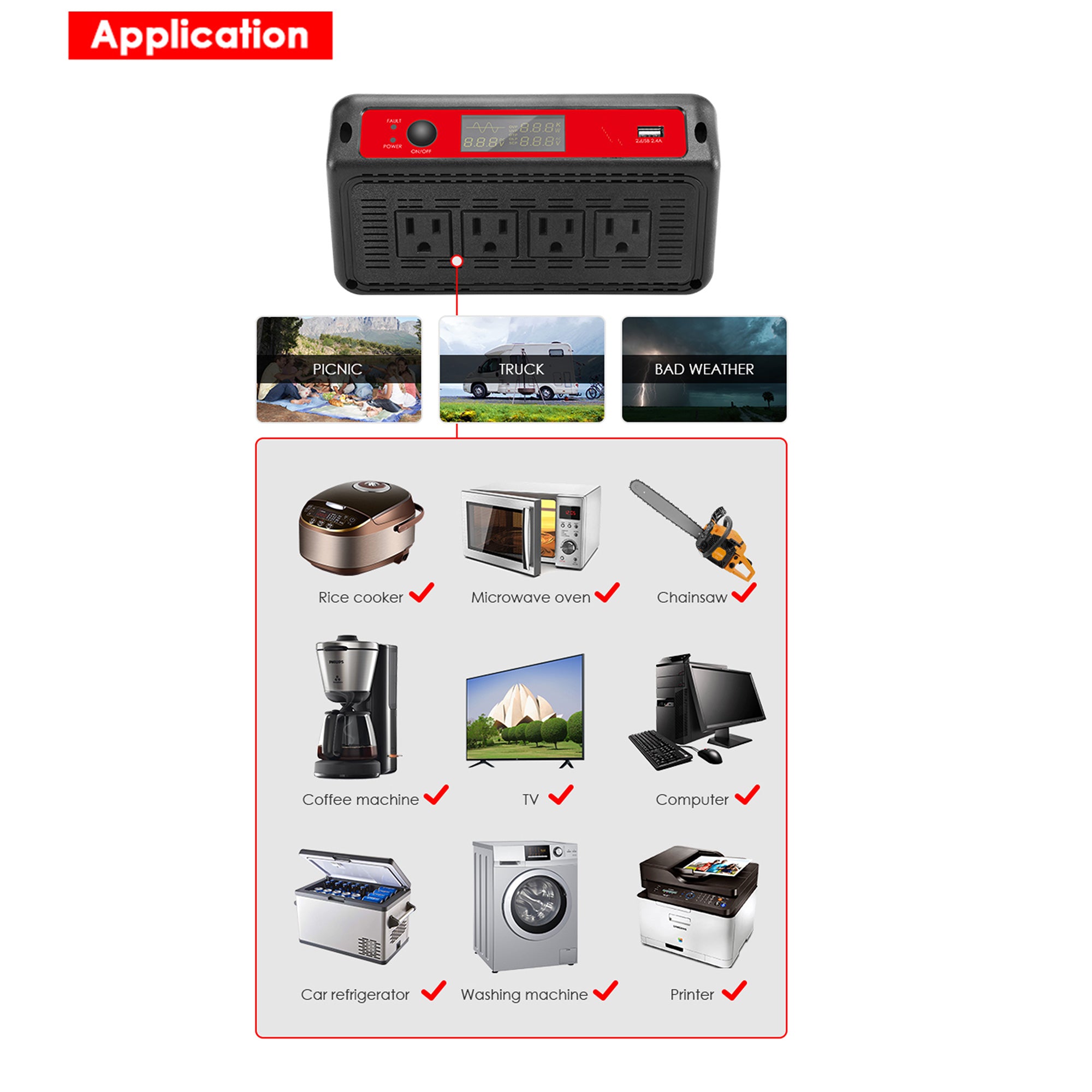 ACOPOWER 1500W 12V Pure Sine Wave Inverter
