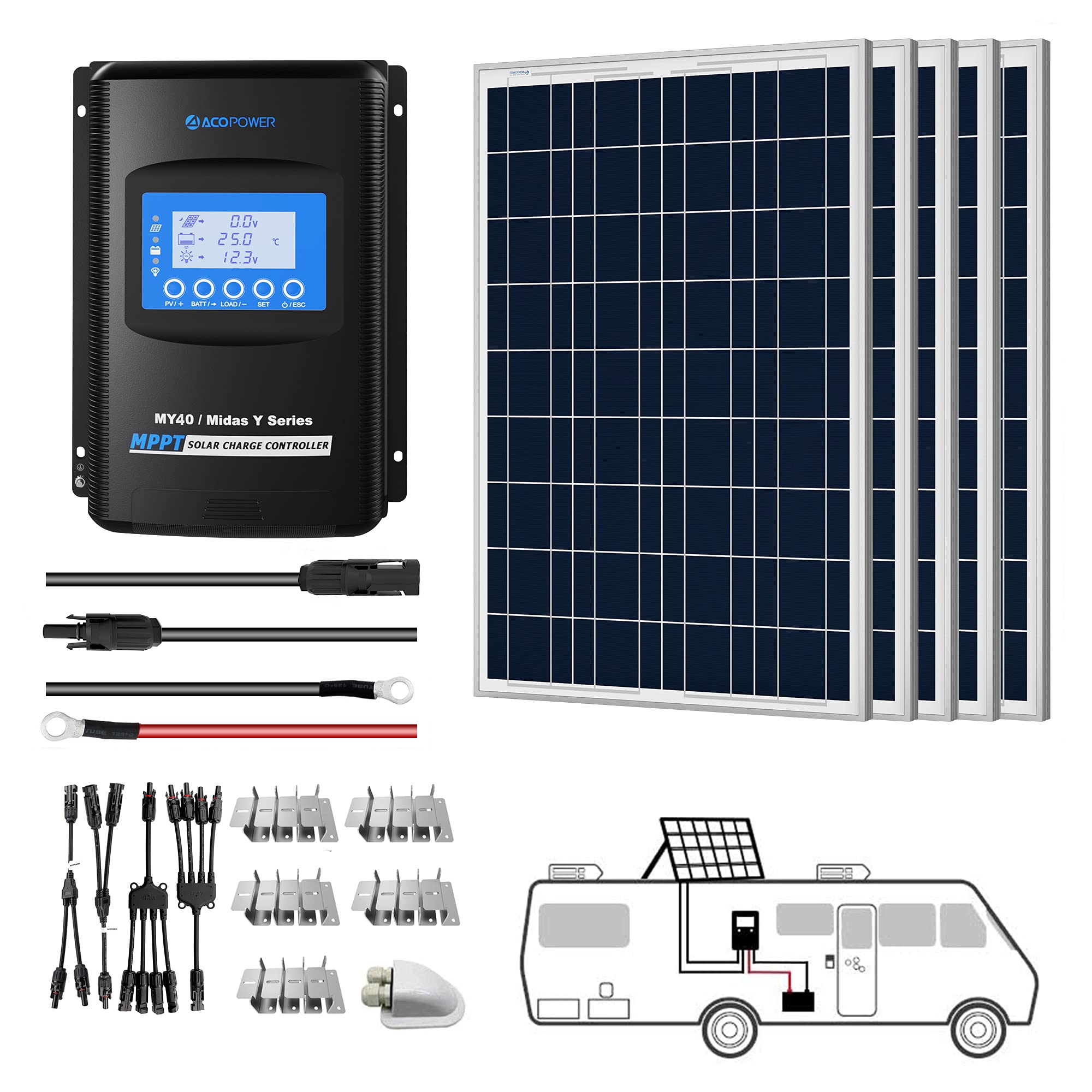 ACOPOWER 12V  Poly Solar RV Kits + MPPT / PWM Charge Controller