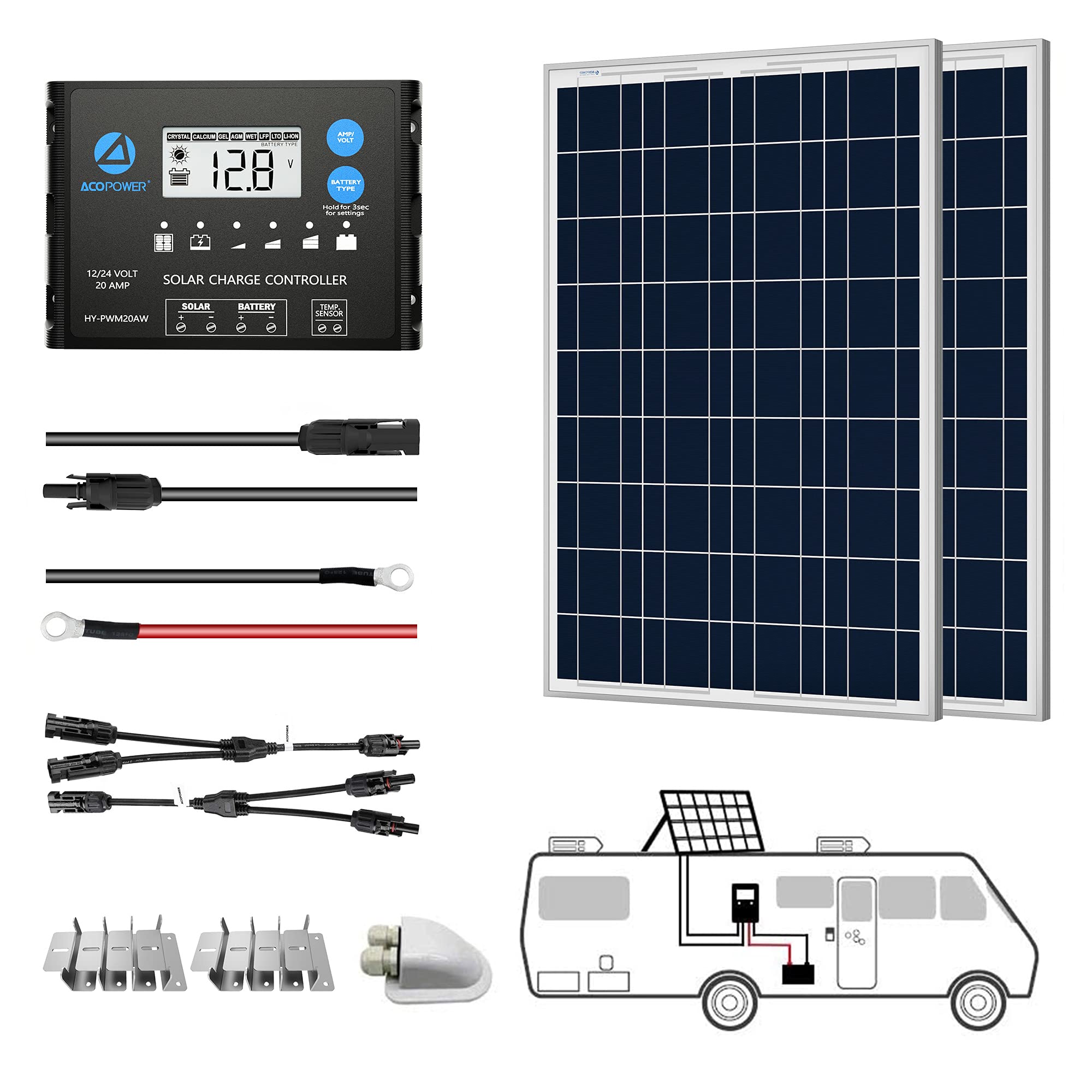 ACOPOWER 12V  Poly Solar RV Kits + MPPT / PWM Charge Controller