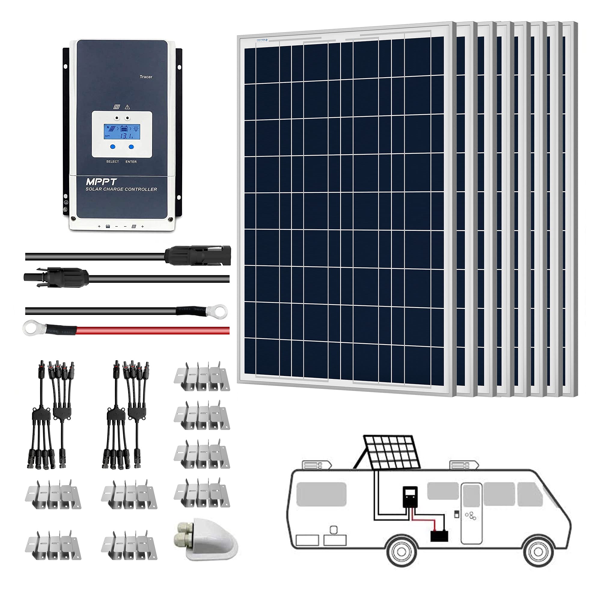 ACOPOWER 12V  Poly Solar RV Kits + MPPT / PWM Charge Controller