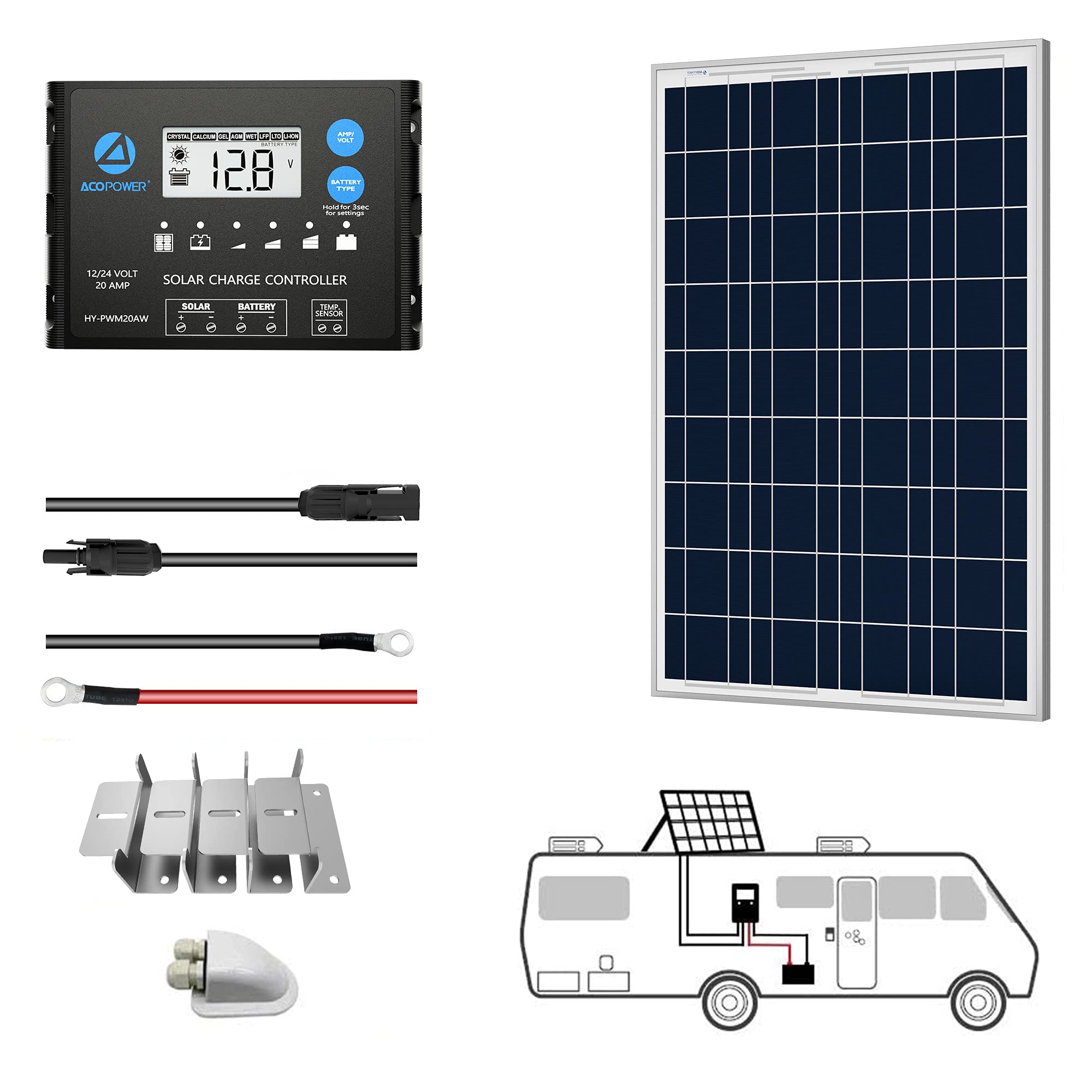 ACOPOWER 12V  Poly Solar RV Kits + MPPT / PWM Charge Controller