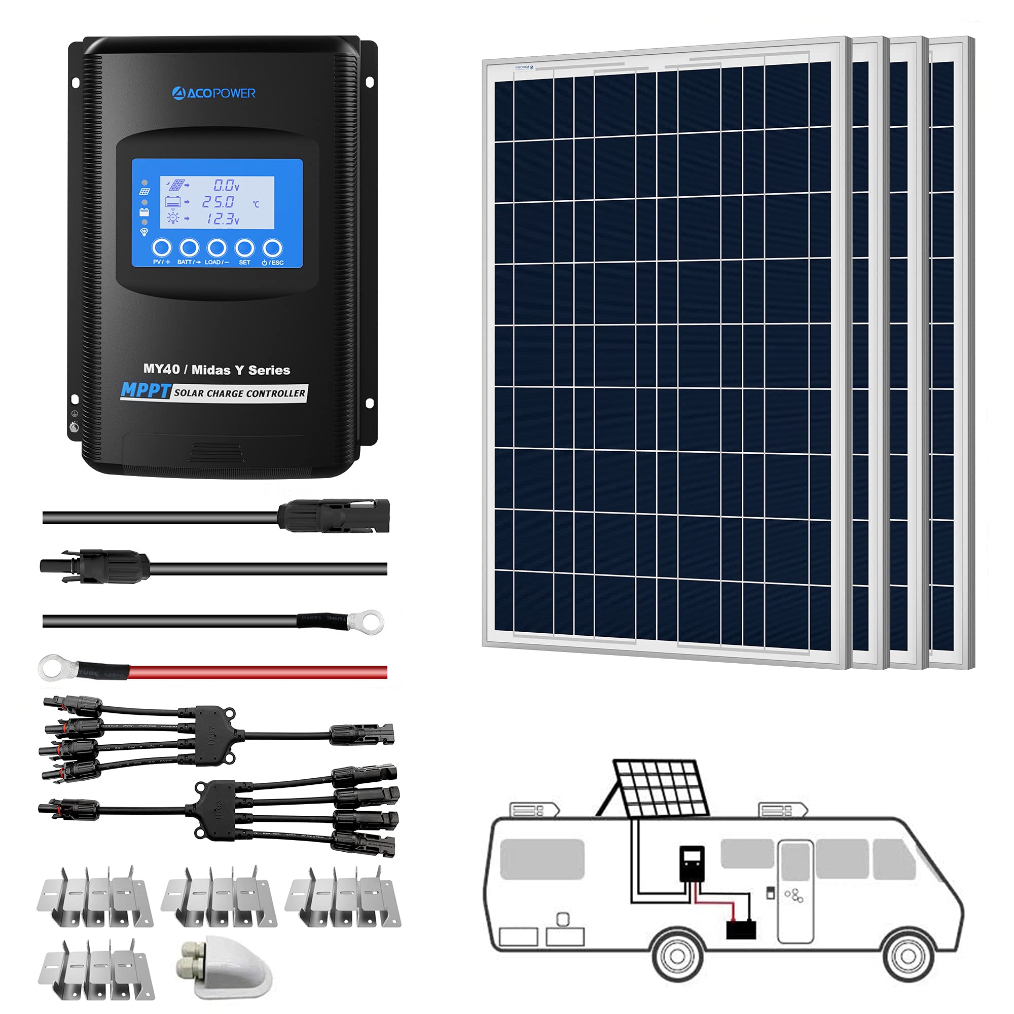 ACOPOWER 12V  Poly Solar RV Kits + MPPT / PWM Charge Controller